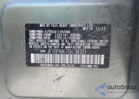 2016 Subaru Impreza 2.0I from USA, damaged, VIN JF1GPAA67GH234771